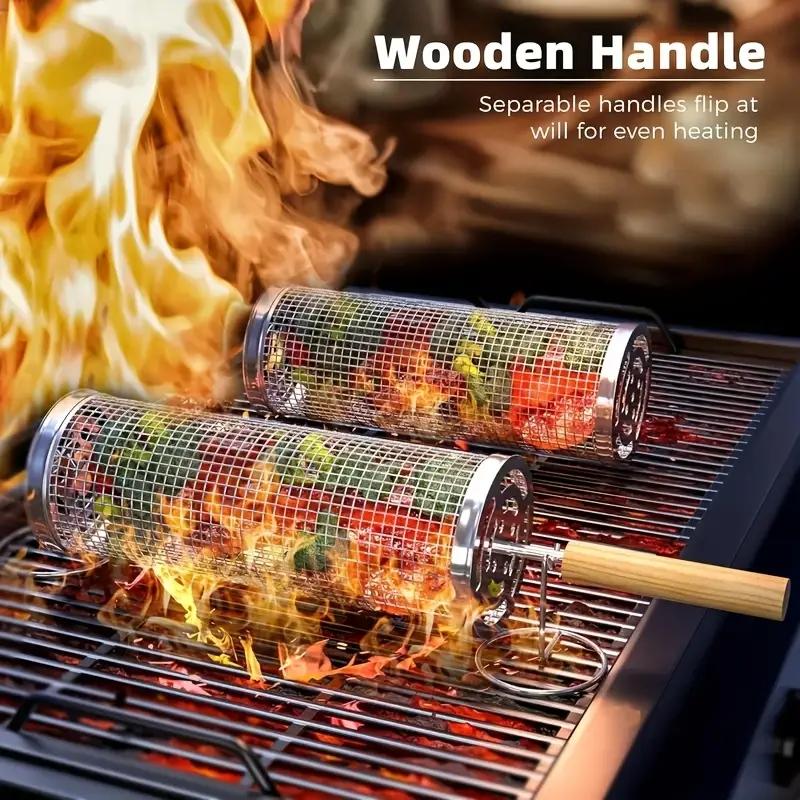 Outdoor Camping Food - 食品グレードのステンレス製丸型回転BBQグリルバスケットセット、アウトドアキャンプ料理用ワイヤーメッシュ円筒型グリルラック