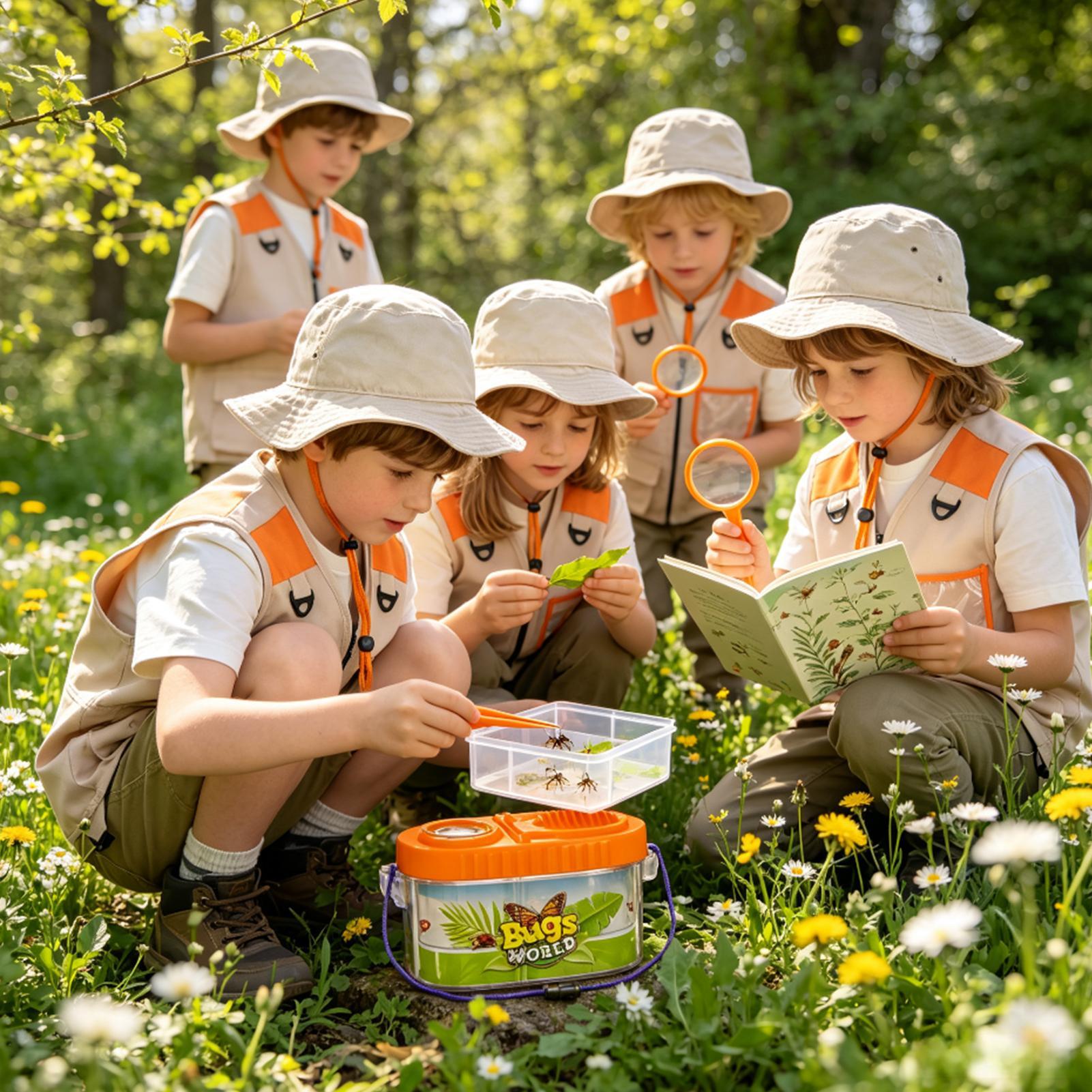 Outdoor Camping Kids Activities - 子供用アドベンチャーキット 虫眼鏡付き帽子 軽量科学キット 子供用自然観察 虫捕り キャンプキット