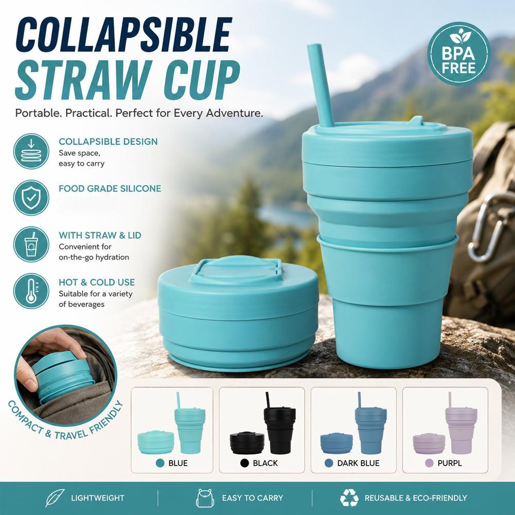 Collapsible Water Bottle - 折りたたみ式シリコンコーヒーカップ ストロー蓋付き 12オンス 折りたたみ式ウォーターマグ ポータブルドリンクウェア 旅行
