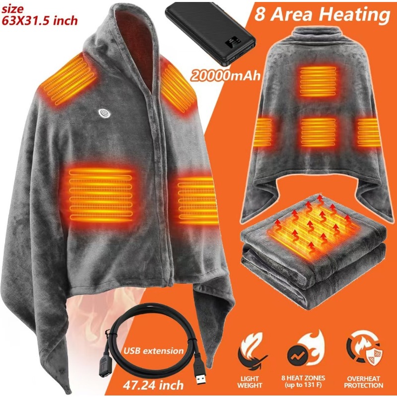 Outdoor Camping Heated Blanket - 2025年新型USB加熱ショールブランケット、屋外キャンプやオフィス用の電気温熱ラップ、充電式バッテリー駆動、洗濯機で洗える