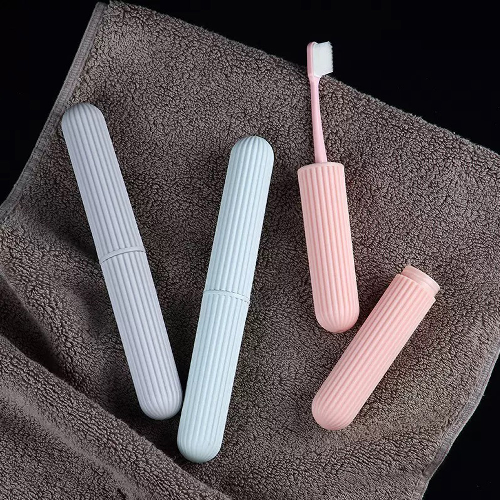 Outdoor Camping Bathroom - ポータブルトラベル歯ブラシケース - バスルーム、キャンプ、日常使用に適したシンプルなストライプのコンパクトなプラスチックホルダー