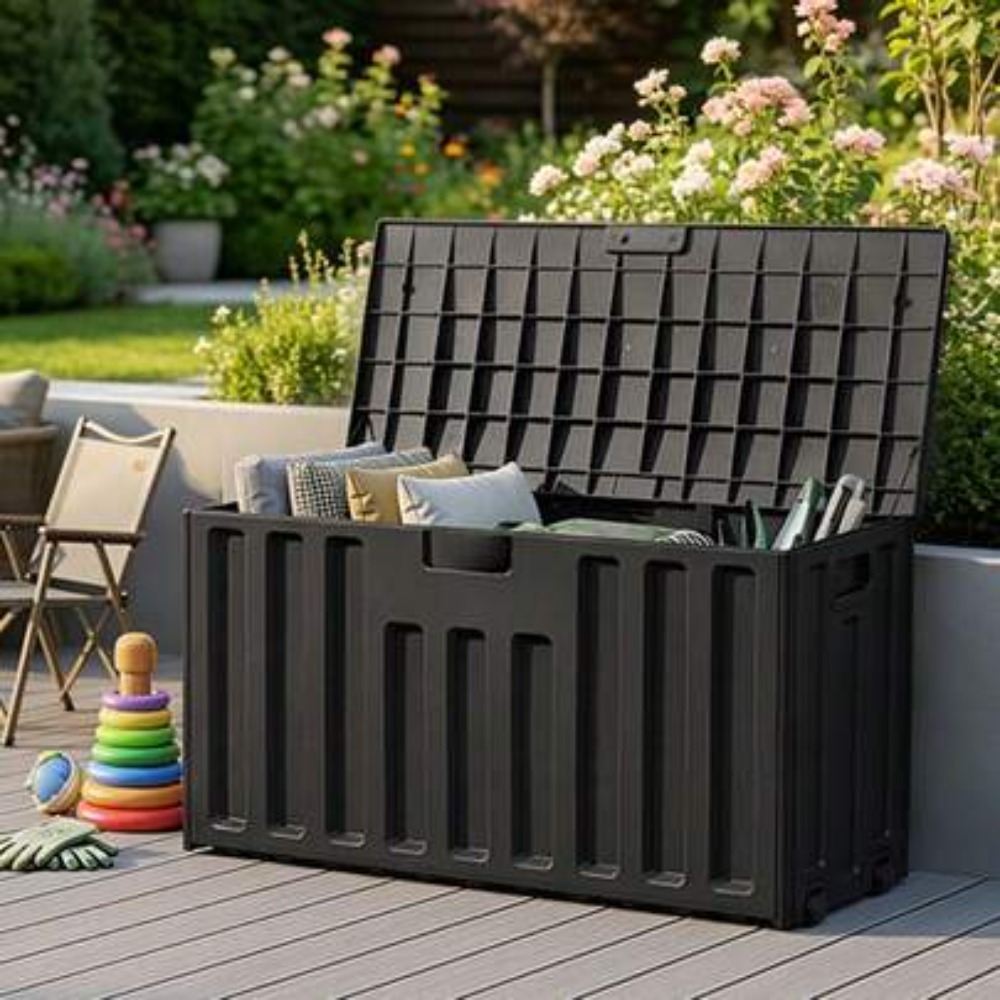 大容量屋外収納コンテナ レジン製デッキボックス ブラックウッ - Outdoor Camping Decke のレビューと価格