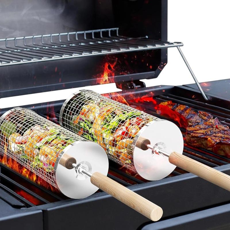 食品グレードのステンレス製丸型回転BBQグリルバスケットセッ - Outdoor Camping Food のレビューと価格