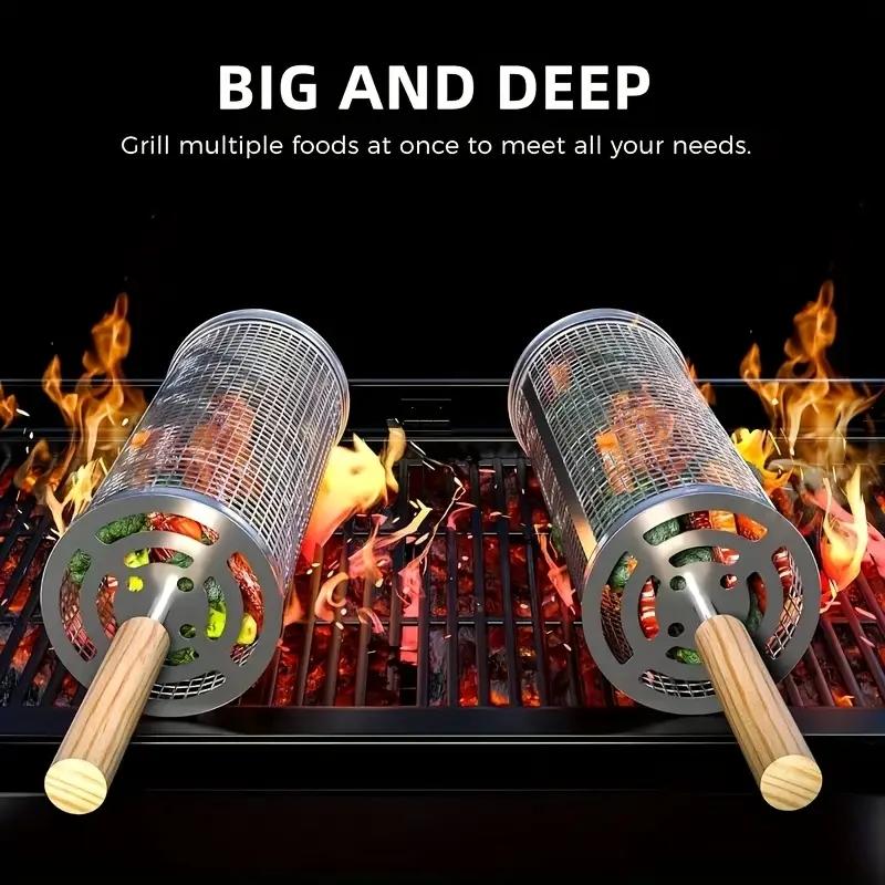 食品グレードのステンレス製丸型回転BBQグリルバスケットセッ - Outdoor Camping Food のレビューと価格