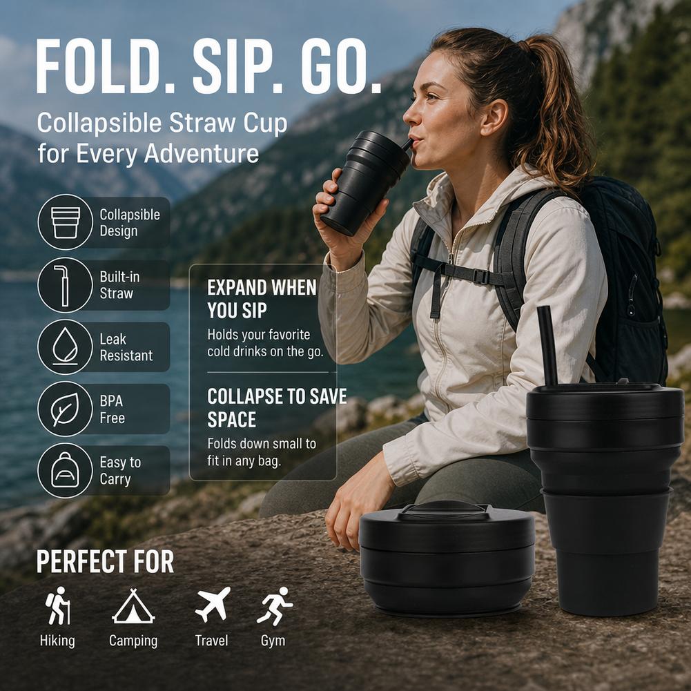 折りたたみ式シリコンコーヒーカップ ストロー蓋付き 12オン - Collapsible Water Bottle のレビューと価格