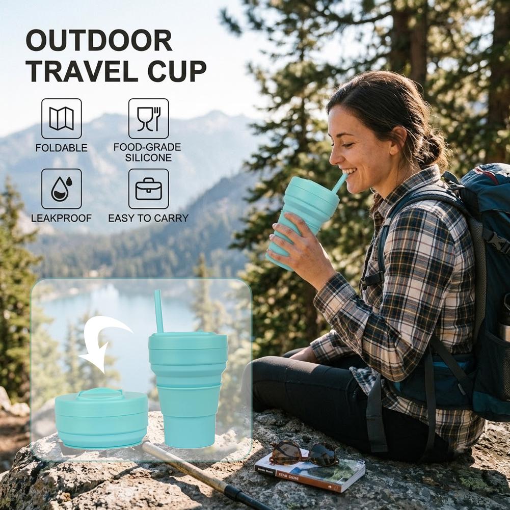 折りたたみ式シリコンコーヒーカップ ストロー蓋付き 12オン - Collapsible Water Bottle のレビューと価格